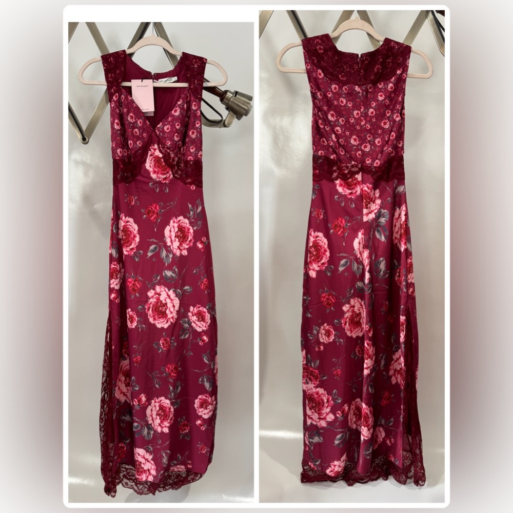 Avec Les Filles Burgundy Floral Midi Dress silky lace roses size 12 NWT size 2